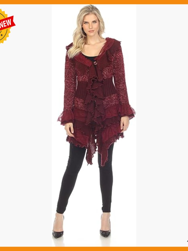 Long Sleeve Crochet Knit Cardigan Sweater With Bell Sleeves And Ruffles